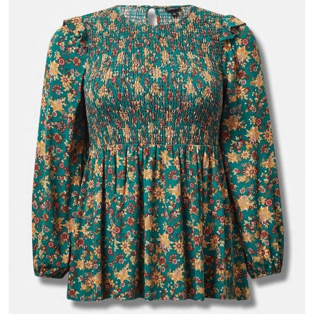 Torrid PLUS (4) 4X Green Floral Boho Peasant Peplum Crinkle Gauze Smocked‎ Top